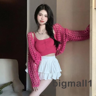 Bigmall- เสื้อครอปแขนยาว ผ้าถัก แต่งกระดุม สีพื้น สําหรับผู้หญิง 2 ชิ้น