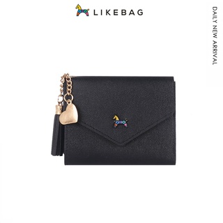 Likebag กระเป๋าสตางค์ ใบสั้น หนัง PU แต่งพู่ พับได้สามทบ ใส่บัตรได้หลายช่อง ใส่เหรียญได้ แฟชั่นเรียบง่าย สําหรับผู้หญิง