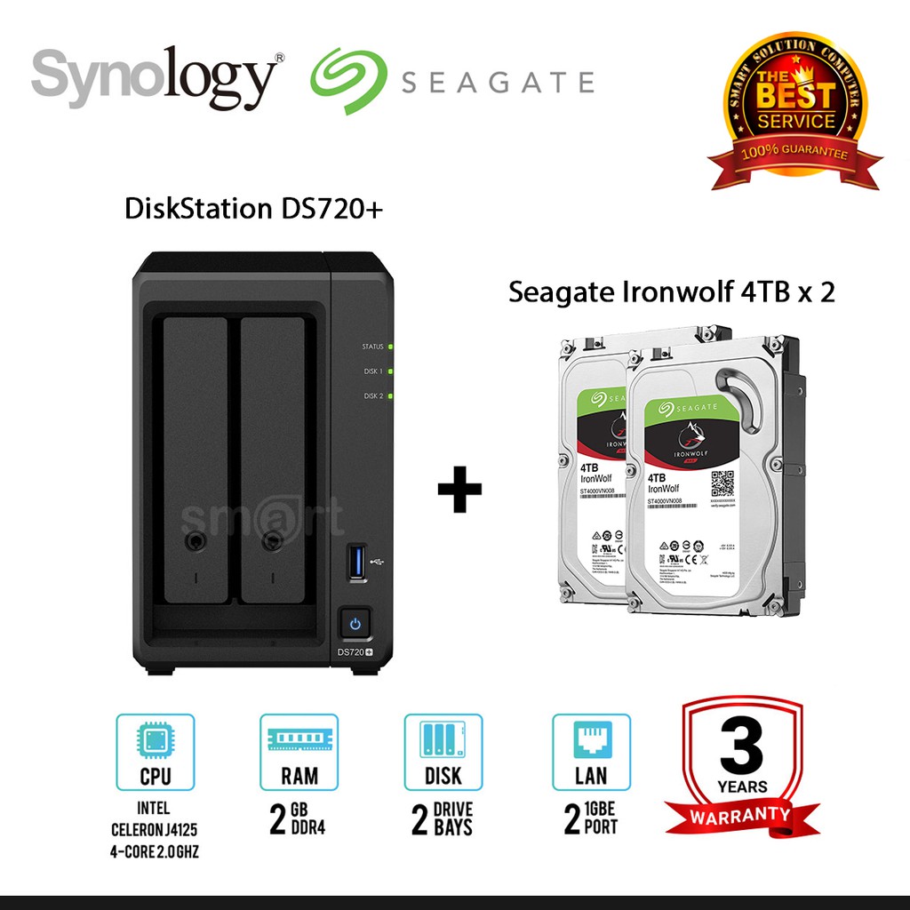 Synology DS720+ 2-bay NAS + 2 x Seagate Ironwolf 4TB/6TB/8TB