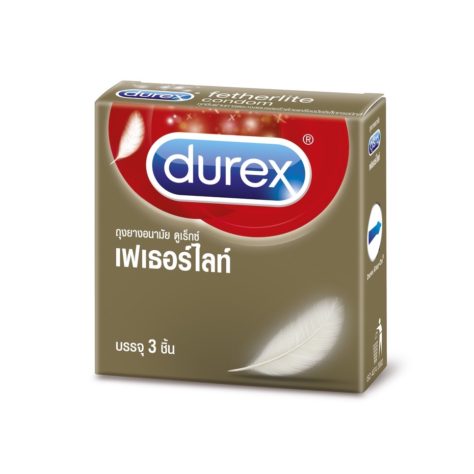 Durex Fetherlite ดูเร็กซ์ เฟเธอร์ไลท์ ถุงยางอนามัย ถุงยาง ผิวเรียบ แบบบาง ขนาด 52.5 มม. จำนวน 1 กล่อง บรรจุ 3 ชิ้น 09792