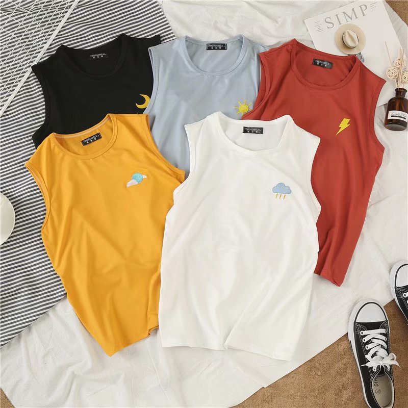 พร้อมส่ง เสื้อยืดแขนกุด สีพื้น สไตล์เกาหลี ใส่อยู่บ้าน เที่ยวได้