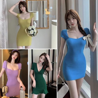 Mini Dress คอเหลี่ยม ชุดเดรสกระโปรงสั้นรัดรูป มินิเดรสสีพื้น ชุดเดรสเข้ารูปแขนสั้น Sexy