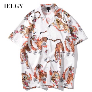 Ielgy เสื้อเชิ้ต พิมพ์ลายเปลวไฟ เสือนําโชค สไตล์ย้อนยุค สําหรับผู้ชาย