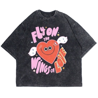 [100% Cotton] เสื้อยืดแขนสั้น ขนาดใหญ่ พิมพ์ลาย FLY ON THE WINGS OF LOVE WASHING VINTAGE