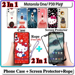 2 IN 1 เคส Motorola One P30 Play เคส พร้อมกระจกนิรภัยกันรอยหน้าจอโค้งเซรามิค สําหรับเด็กผู้หญิง และคิตตี้