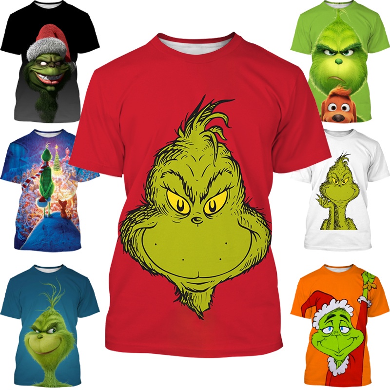 เสื้อยืดแฟชั่น ภาพยนตร์ The Grinch Pattern 3D เสื้อยืดพิมพ์ลำลองคอกลมแขนสั้นเสื้อยืดระบายอากาศด้านบน