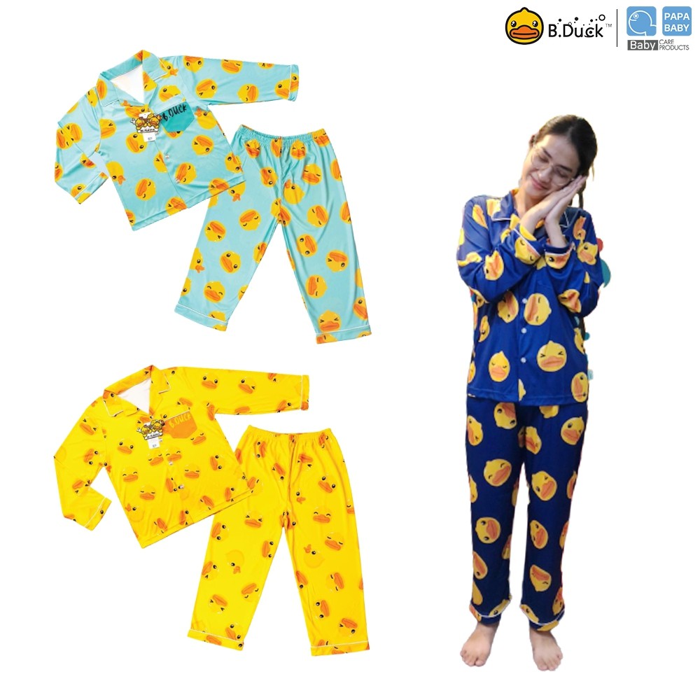 PAPA ชุดนอน B.Duck ลิขสิทธิ์แท้ ชุดคอปกแขนยาวขายาว Freesize ผลิตจากผ้าเครปซาติน ใส่สบาย ระบายอากาศได้ดี