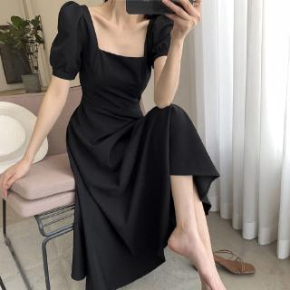 Black dress temperament square neck over knee length