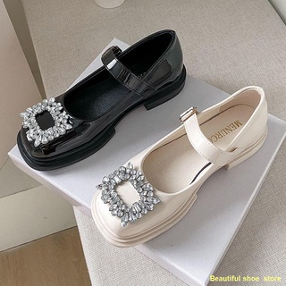 🚚best selling⚡Rhinestone Square BUCKLE Mary Jane รองเท้า 2022 Loafers สิทธิบัตรหนังหนาส้นหนารองเท้าหนังขนาดเล็กปากตื้นร