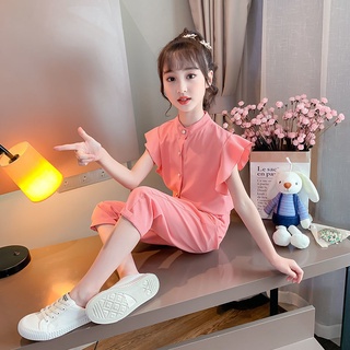 🎊Mykids🎀ชุดเด็กผู้หญิง 2021 ใหม่สาวน้อยแฟชั่นตะวันตกชุดสองชิ้นสาวสีทึบบางชุด tide