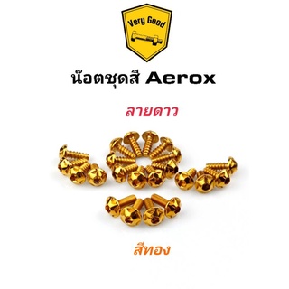 น๊อตชุดสี Aerox ลายดาว สแตนเลสแท้ มี 3 สี เลสเงิน ทอง ไทเท (1ชุด มี 22 ตัว)