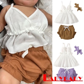 ☎QK♧Newborn Girl Summer V-Neck Ruffle Vest + Triangle Shorts + Bow Headband Set