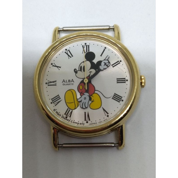นาฬิกาข้อมือเด็กหรือผู้หญิง Alba ตัวเรือนโลหะ มิกกี้ มือ2ข้างเป็นตัวชี้บอกเวลา จำหน่ายในญี่ปุ่นปี 1970 มือสอง