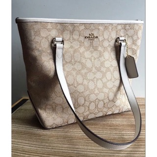 New coach signature light khaki/chalk zip top tote