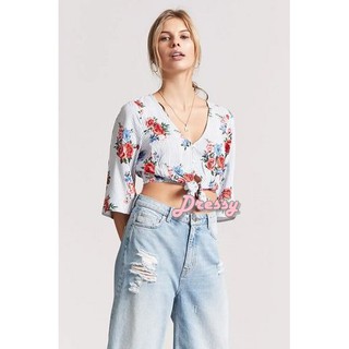 Forever21  Floral Stripe Tie-Front Crop Top