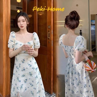 DRESS กระโปรงยาวลายดอกไม้สีขาว เดรสคอกว้างแขนตุ๊กตา ทรงเจ้าหญิง CQ-0894 ชุดเดรสลุคเจ้าหญิง