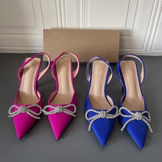 Zara ใหม่ รองเท้าส้นสูง ปลายแหลม ประดับโบว์ พลอยเทียม แฟชั่น สําหรับผู้หญิง