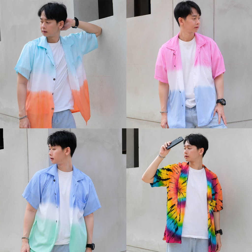 (ย้อมเย็น 100%) เสื้อฮาวายมัดย้อมสีพาสเทล สีรุ้ง ผ่านการฟิกสี สีสดไม่ซีด
