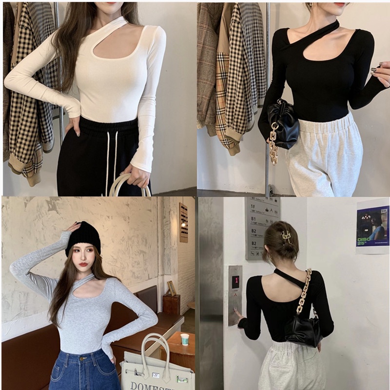 【WJZ】เสื้อยืดแขนยาวสีทึบแฟชั่นเซ็กซี่ของผู้หญิง【6823】