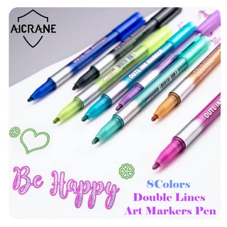 Aicrane ปากกามาร์กเกอร์ สีเมทัลลิก เส้นคู่ 8 สี สําหรับเขียนตัวอักษร วาดภาพ เขียนตัวอักษร