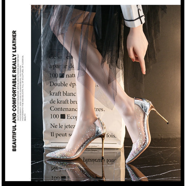Banquet shoes 2022 new pointed toe high-heeled wedding shoes bow transparent stiletto sexy high-heeled shoe