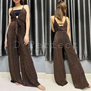 F21 Metallic Jumpsuit  **ไม่มีเกาะอก** จั๊มสูททรงขาบาน ผ่าหน้า-หลัง แต่งเชือกผูกเอว เนื้อผ้าเป็นผ้ายืดมีกลิตเตอร์ทั้งตัว