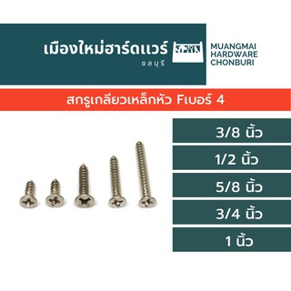 สกรูเกลียวเหล็ก หัว F เรียบ เบอร์ 4 (ตะปูเกลียว) ความยาวต่างๆ บรรจุ 50 ตัว เกลียวปล่อย