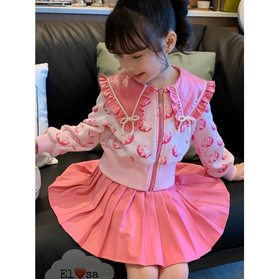 ชุดเด็กผู้หญิง - เสื้อหมีหน้าขาว ชุดพร้อมกระโปรงจีบสุดน่ารักสําหรับเด็กผู้หญิง 1 - 7 ขวบ