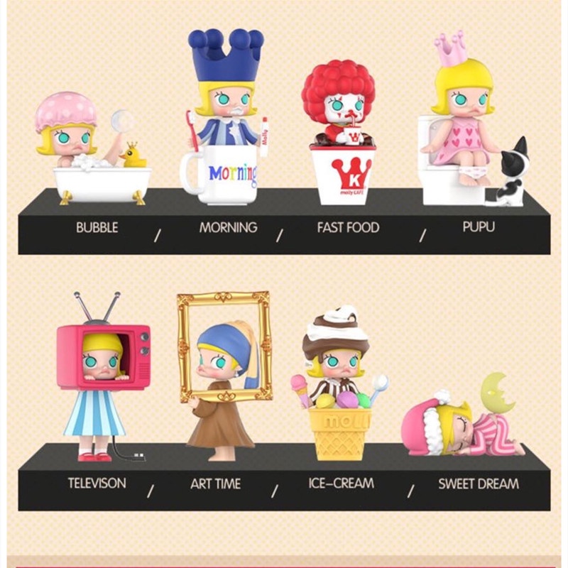 Original POPMART Molly One Day Series Blind Box ของเล่นตุ๊กตาสุ่มน่ารักอะนิเมะของขวัญจัดส่งฟรี