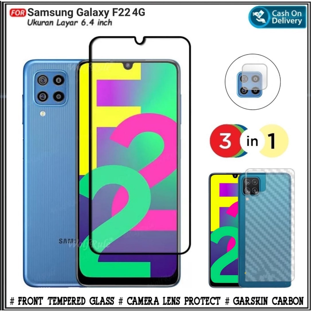 3IN1 กระจกนิรภัย Samsung F22 M22 4G ฟรีกล้องป้องกันรอยขีดข่วนและ Graskin Galaxy F22 M22 4G