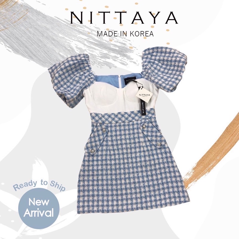 [Nittaya] เดรสสั้นผ้าทวิต  แขนตุ๊กตา ช่วงอกเป็นสีขาว
