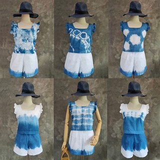 LAANTA เสื้อสายเดี่ยวระบาย ผ้าฝ้าย มัดย้อมคราม (เสื้ออย่างเดียว )