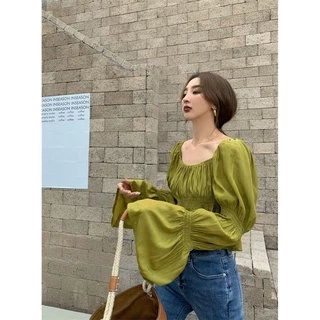 ส่งทันที Cici(NO. 1824)เสื้อคอเหลี่ยม สม็อคช่วงอก แต่งแขนสม็อค เนื้อผ้าใส่สบาย งานสวย