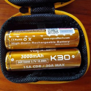 ถ่าน แท้ Vapcell สีทอง K30  3000mah 15A Max 30A (2 ก้อน 235฿) แถมกระเป๋าใส่ถ่าน 1 ใบ