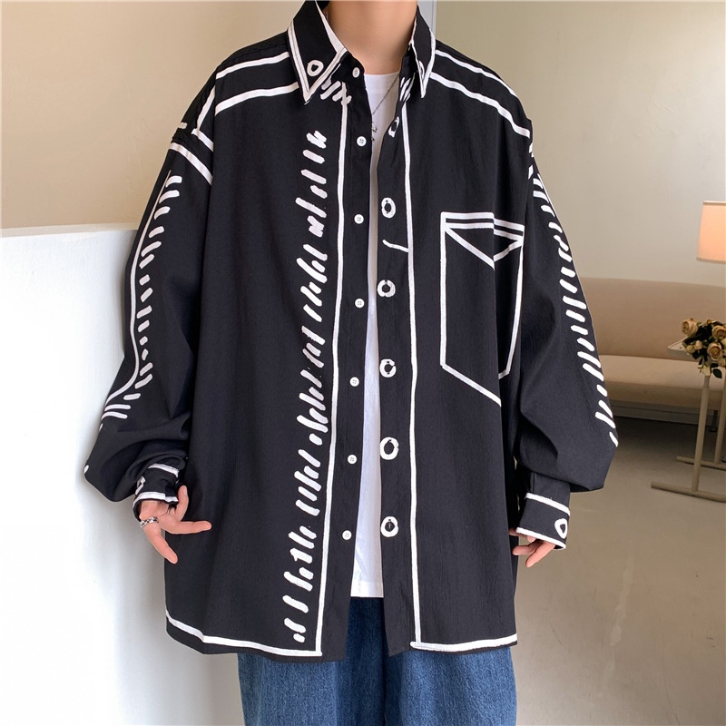สไตล์ฮ่องกง อิน ออกแบบ กราฟฟิตี เส้น เสื้อเชิ้ตแขนยาวผู้ชายเสื้อหลวมกีฬานิ้วเสื้อแจ๊กเก็ต