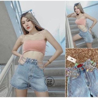 Back UP Jeans  รหัสสินค้า BU-6308-1 กางเกงยีนส์ขาสั้นฟอกสีเอวสูงเว้าเอวติดโซ่