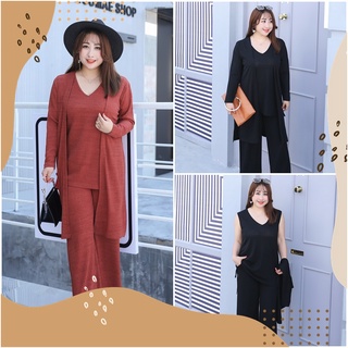 PMSWEET PLUSSIZE : PM4211 : พร้อมส่ง เสื้อผ้าไซส์ใหญ่ คนอ้วน สาวอวบ ชุดเสื้อกางเกงมีเสื้อคลุมตัวยาว ชุดเซตสามชิ้น