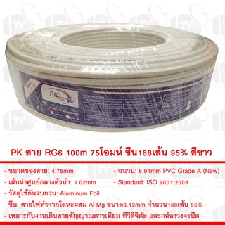 PK สาย RG6 100m 75โอมห์ ชีน168เส้น 95% สีขาว