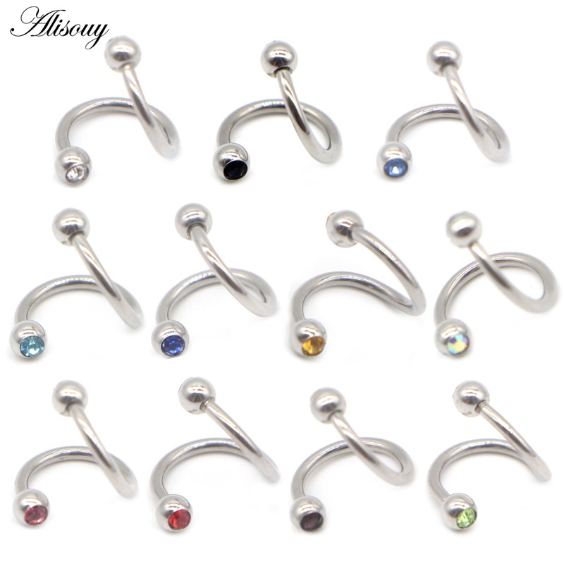 Alisouy 1PC S Labret แหวนผ่าตัดสแตนเลสคริสตัลอัญมณีบาร์เกลียว Twister Tragus หูเจาะ Helix แหวนเครื่องประดับ