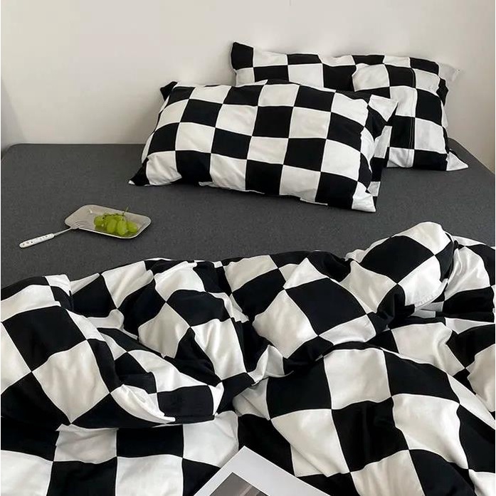 ☾✐💟 ผ้าปูที่นอนลายตารางขาวดำ 3.5 ฟุต / 5 ฟุต / 6 ฟุต / 7 ฟุต สไตล์ ins กระดานหมากรุกญี่ปุ่นเรียบๆ คอ