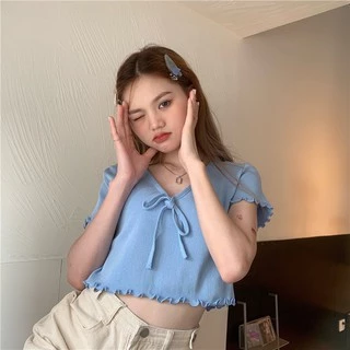 Korean 🍓 เสื้อไหมพรมผูกโบ 🍓 แขนระบายชายระบาย ไหมพรมเนื้อดี น่ารักวัยใสๆ 7516