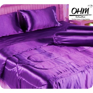 OHM ผ้าปูที่นอนและผ้านวมคู่ ผ้าเครปซาติน 220 เส้น ขนาด 5 ฟุต 6 ชิ้น (สีม่วงมะปราง)