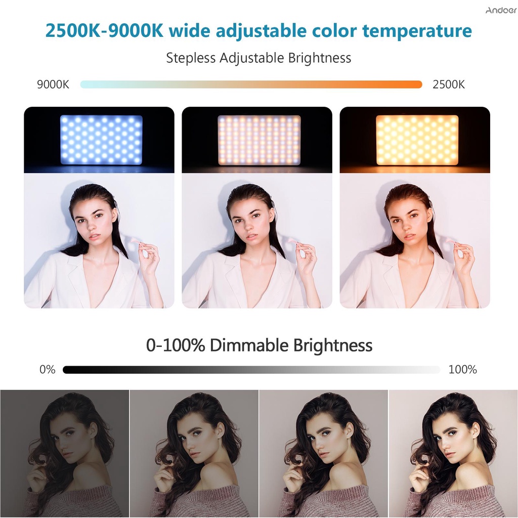 Andoer ST120 ไฟเติมแสงวิดีโอ LED 2500K-9000K CRI95+ หรี่แสงได้ สองสี พร้อมตัวกรองซิลิคอน 6 ชิ้น