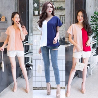 Hot เสื้อแฟชั่นผู้หญิง เสื้อทูโทนสลับสี ทรงสวยผ้าฮานาโกะ ใส่แล้วน่ารักมากๆ มีเก็บเงินปลายทาง