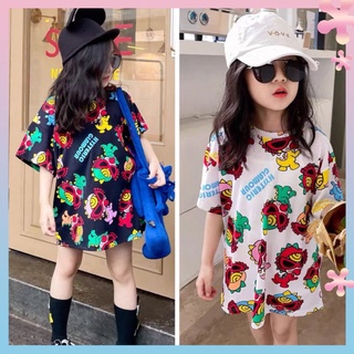 ins super hot girls short-sleeved T-shirt dress 2022 summer Korean style new childrens loose mid-length cartoon dress fashion