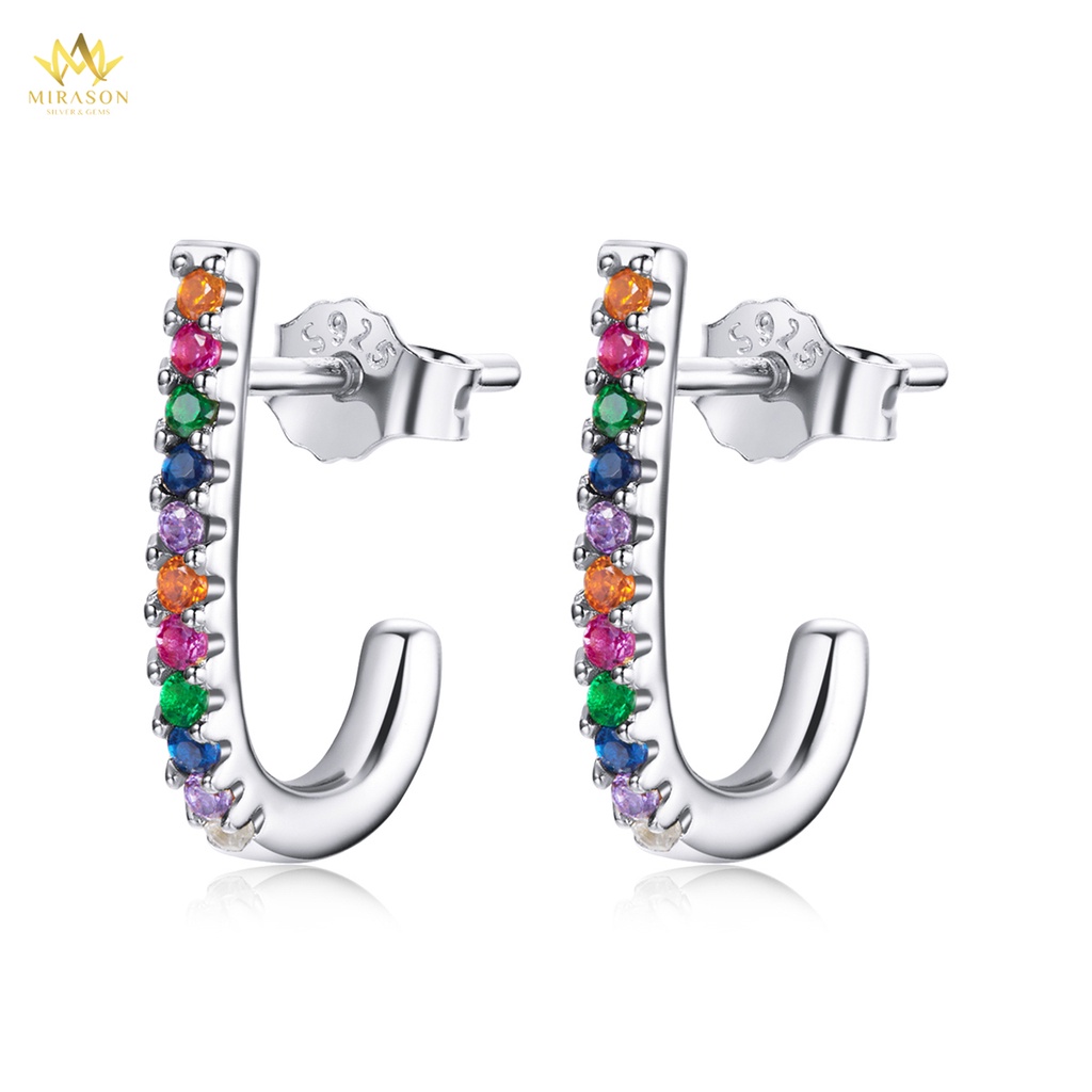 MIRASON ผู้หญิง S925 ต่างหูเงินโค้ง Silver Bar Encrusted พร้อมหินสีส่วนบุคคล MBT260