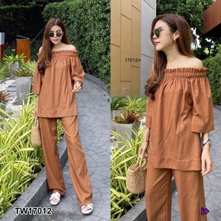 TW17012 Linen Off-The-Shoulder Set เซตเสื้อเปิดไหล่ทรงปล่อย แต่งขอบยางยืด กางเกงขายาว เนื้อผ้าลินิน