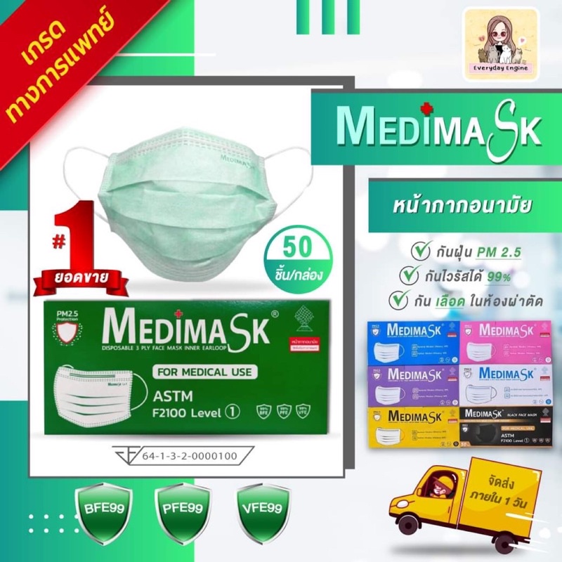 🔥Flash sale 🔥Medical medimask LV1 VFE กันไวรัส!! เมดิ หน้ากากอนามัยสีเขียว เกรดการแพทย์