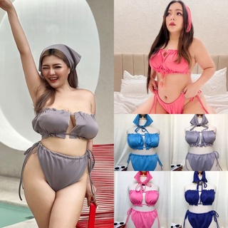 Plus size| 💅🏻💗🌸 E8 เซ๊ต3ชิ้นบิกินี่japan💟แถมผ้าโพกหัว สาวอวบมีฟองน้ำในตัว อก40-50