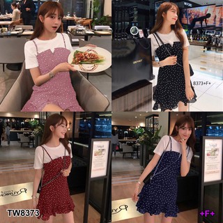 👗Pfashion [ส่งไว!!🚛] P8373 เอี๊ยมเดรสสายเดี่ยวลายจุด+เสื้อครอบ  Single-breasted bib dress + polka dots